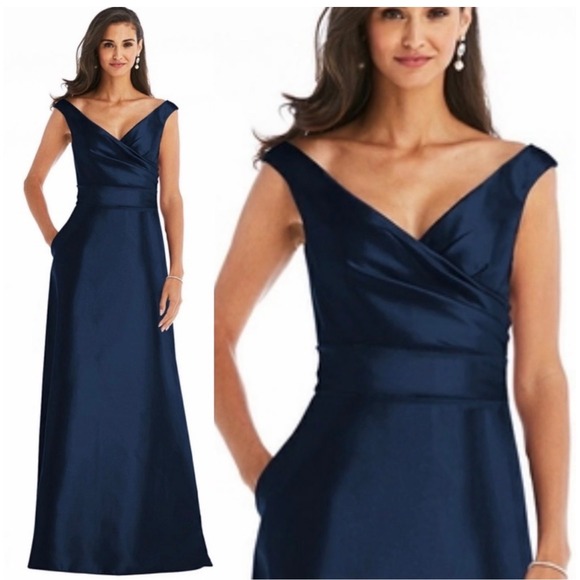 NWT Alfred Sung Off the Shoulder‎ Satin Gown in Midnight Blue Sz 12 $239 - Picture 3 of 7